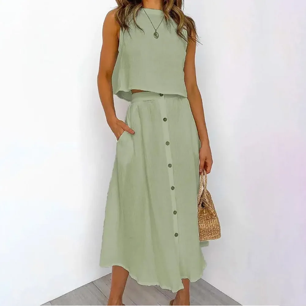 

Fashion Loose Casual White Cotton Linen Ladies Suit Summer Beach Style Women Set Sleeveless Crop Tops Thin Button Pockets Skirts