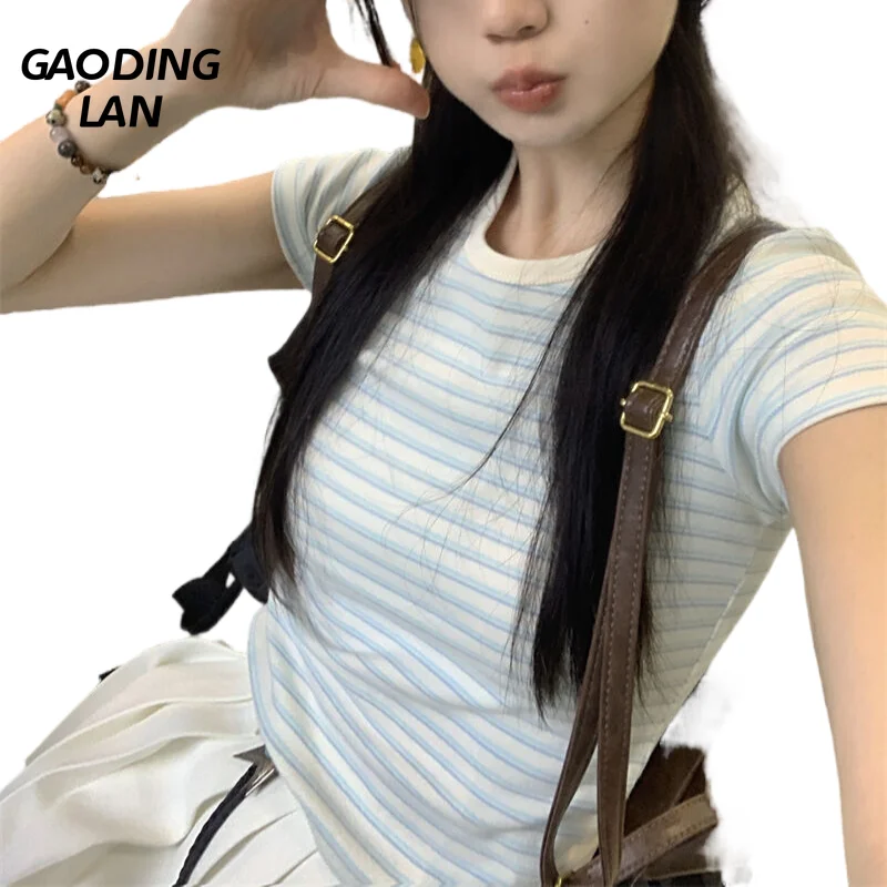 

Женские топы Gaodinglan в синюю полоску в стиле Харадзюку с коротким рукавом, летние корейские короткие футболки из чистого хлопка, женские облегающие футболки