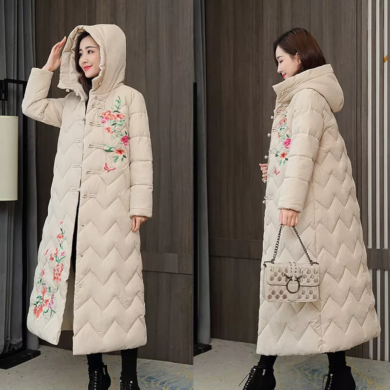 New2022 women embroidered clothes lengthened over knee loose cotton padded jacket Chinese style national style jacket