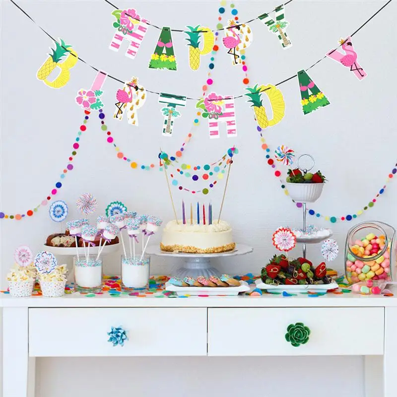 

1 Set of Hawaiian Themed Party Decorated Flamingo Birthday Banner Cake Decorated Card