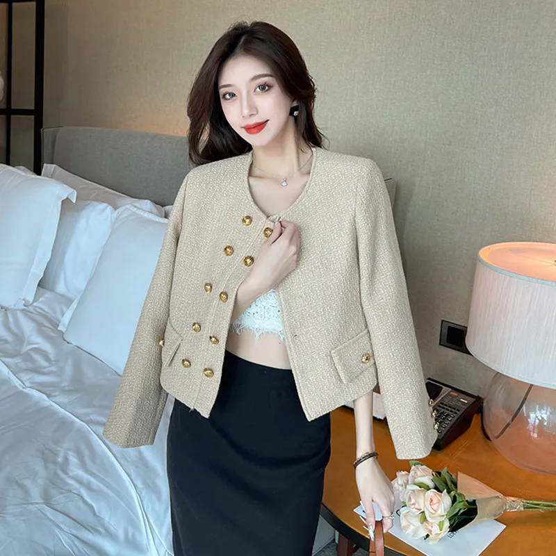 

2022 Autumn New Fashion Chic Double-Breasted Button Tweed Jacket Small Fragrance Coat Temperament All-Match Top