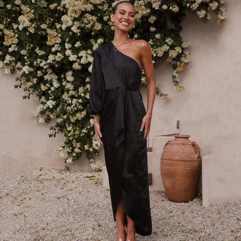 Женское атласное платье средней длины Ardm элегантное облегающее длинное с косым