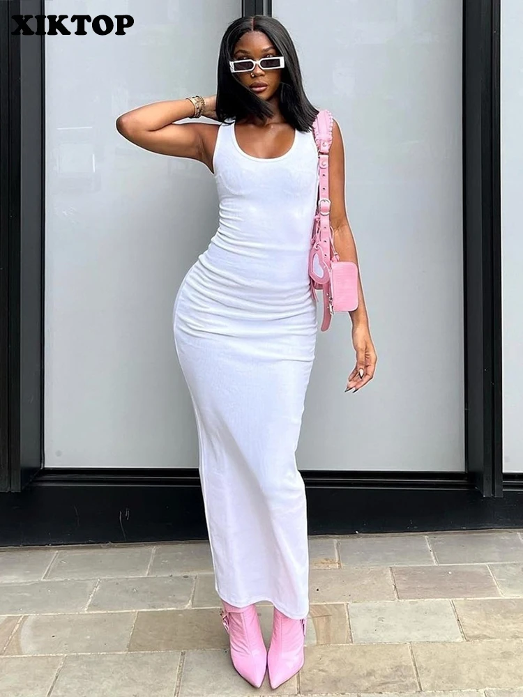 

XIKTOP Sleeveless Solid Dress Women Summer Sexy Sleeveless Robe Ribbed Elegant Slim Bodycon Maxi Dress Concise Basic Office Lady