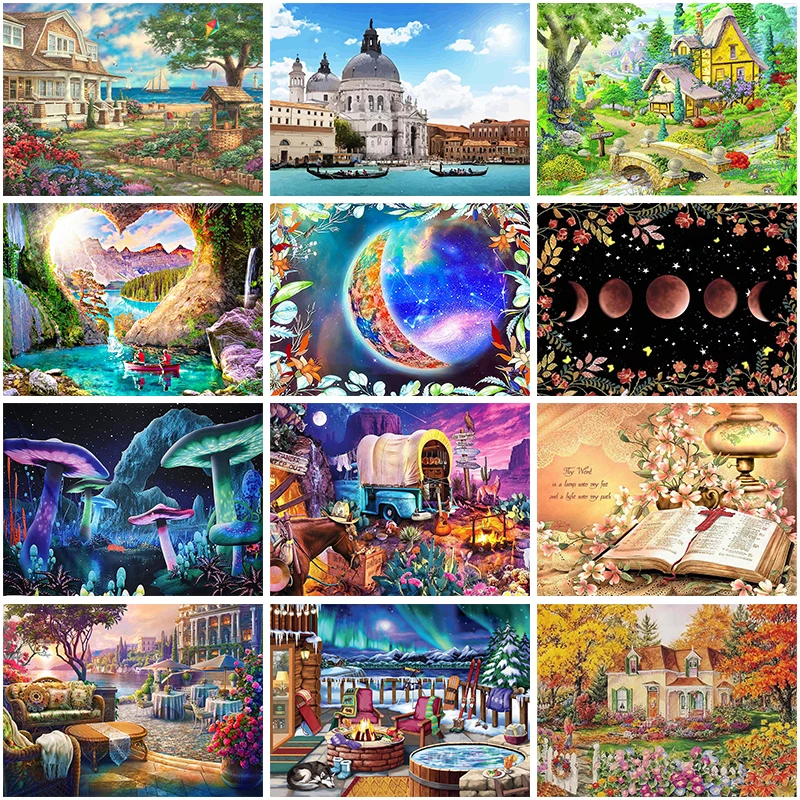 

DIY Diamond Painting Moon Street Book Castle House Landscape Cross Stitch Kit Embroidery Mosaic Art Picture of Rhinestones Decor