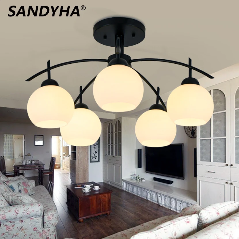 

SANDYHA Chandeliers Vintage Style LED Pendant Light Opening Frosted White Glass Ball Lamp for Living Room Lampara Colgante Techo