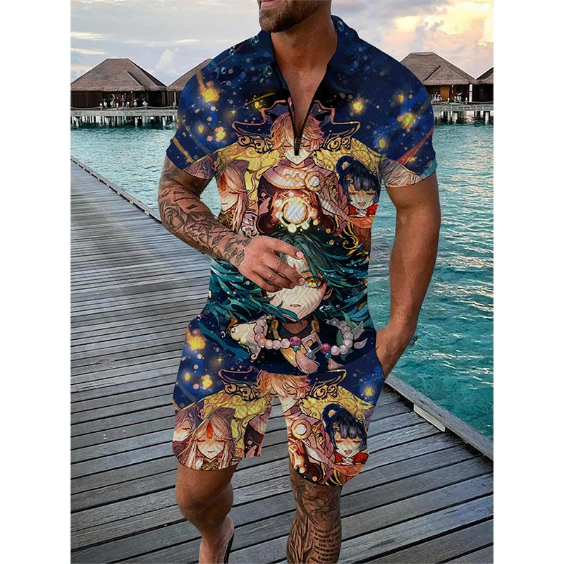 

Genshin Impact 3D Print Anime Game Men Tracksuit Short Sleeve Zipper Polo Shirt Shorts Sets 2 Pieces Male Streetwear Set Suits