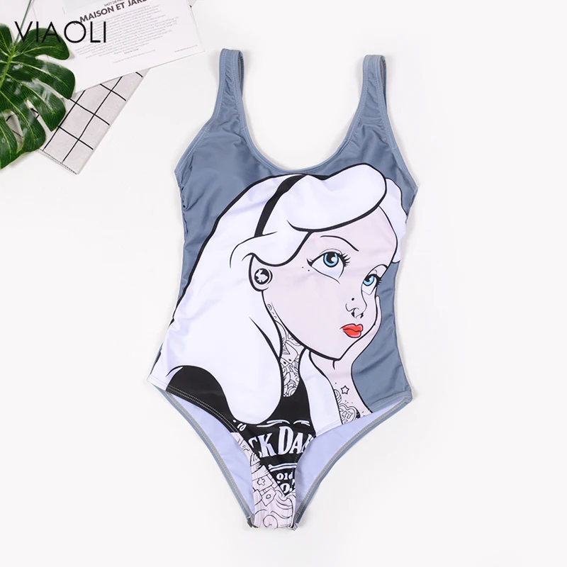 

2018 Newest Cartoon Girl Print One-piece Swimsuit Gray Blue Backless Sexy Bikini Women's Swimming Suit Beach Bathing Swimwear