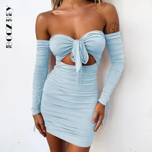 BoozRey – robe moulante à bandes, épaules dénudées, ajourée, Sexy, manches longues, plissée, courte, soirée, été, automne, 2020  (3)