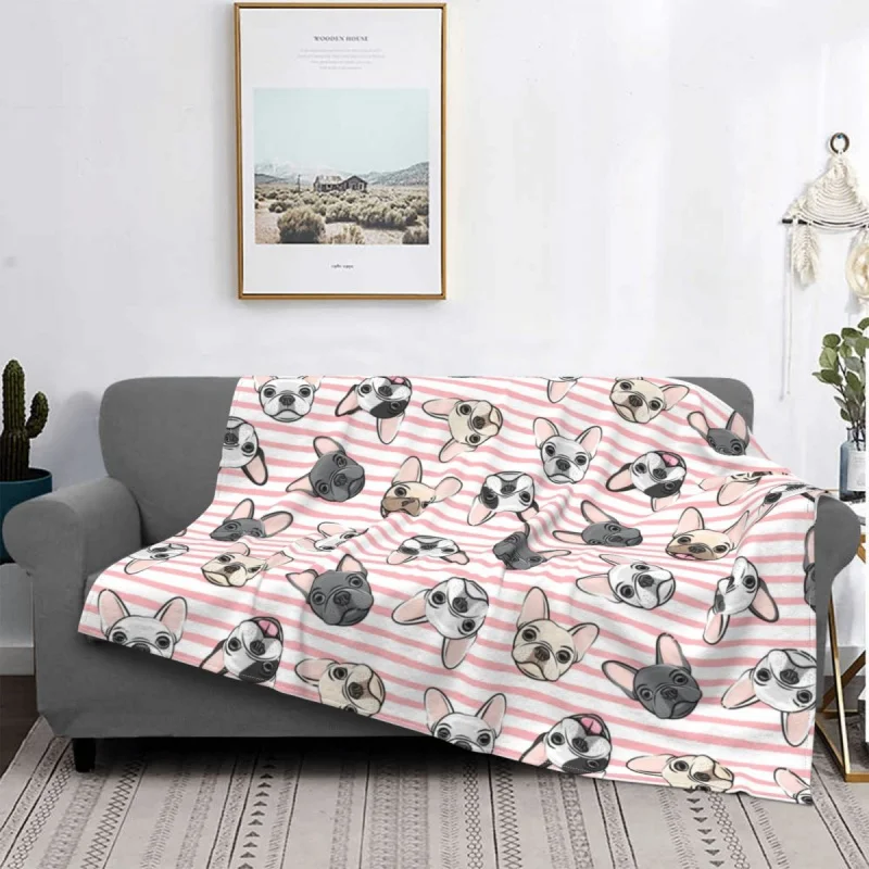 

All The Frenchies Pink Stripes French Bulldog Dog Blanket Coral Fleece All Season Soft Fleece Throw Blanket for Bedding Car