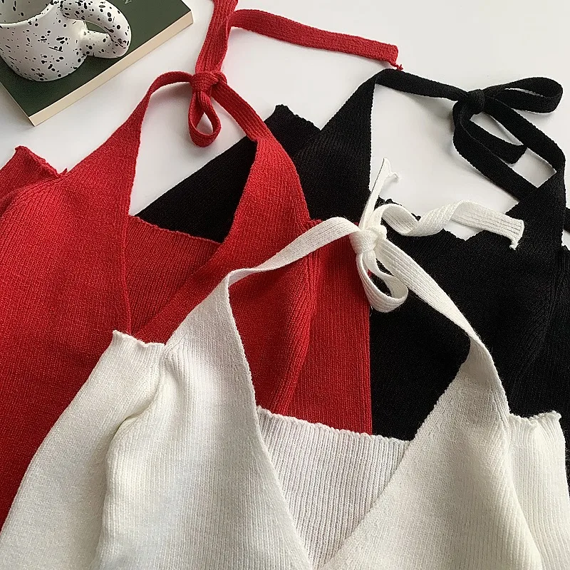 Женский вязаный топ с открытым вырезом и шнуровкой Design Sense осень 2023 новый черный