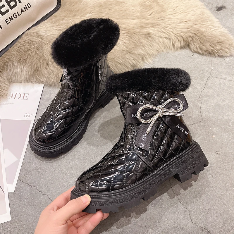 

Free Shipping Women Snow Boots Winter Plush Keep Warm Patent Leather Bowtie Rhinestones Breathable Plaid 2022 Femmes Ankle Shoes