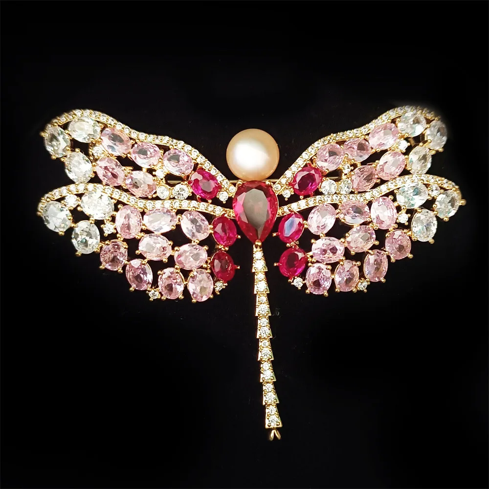 

Fashion Senior Heavy Industry Zircon Dragonfly Brooch Elegant Pink Freshwater Pearl Colorful Zirconium Insect Chest Accessories