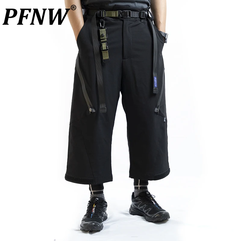 

PFNW Autumn Winter Men Tide Baggy Calf-length Pants Wide Leg Breathable Pockets Zippers Fashion Casual Darkwear Trousers 12A7409