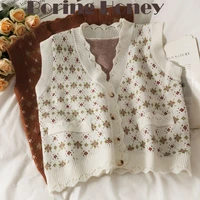 boring honey women wavy edge small floral single breasted waistcoat autumn fashion knitted sweater cute all match tops women