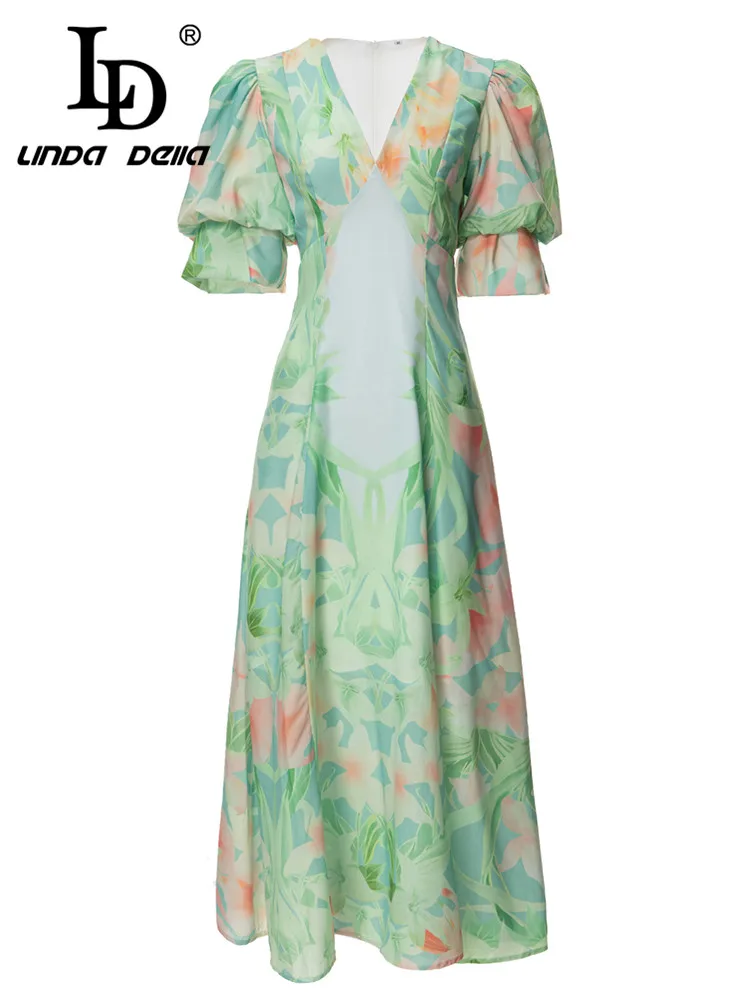 

LD LINDA DELLA модное подиумное летнее праздничное платье 2023 новое женское элегантное платье миди с v-образным вырезом и рукавами-фонариками и цветочным принтом