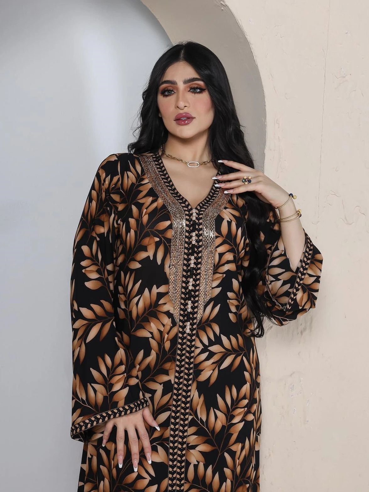 

Eid Mubarak Fashion Muslim Abaya Dress for Women Ribbon Beading Islamic Dubai Turkey Leaf Print Jalabiya Arabian Djellaba Abayas