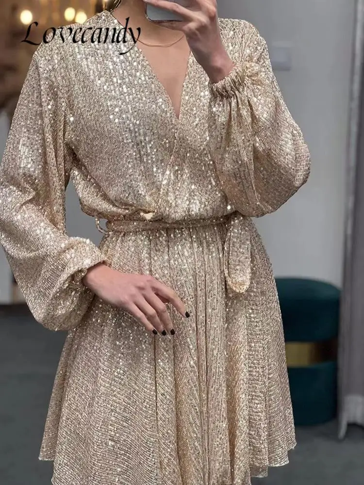 

Женское Плиссированное мини-платье с V-образным вырезом и блестками, женское серебристое платье с длинным рукавом-фонариком, женское элеган...