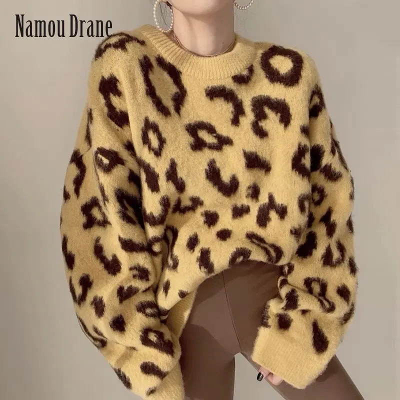 

2022 Южная Корея шикарный осенний индивидуальный 100 GO круглый вырез леопардовый дизайн свободный досуг с длинным рукавом толстый теплый вяза...