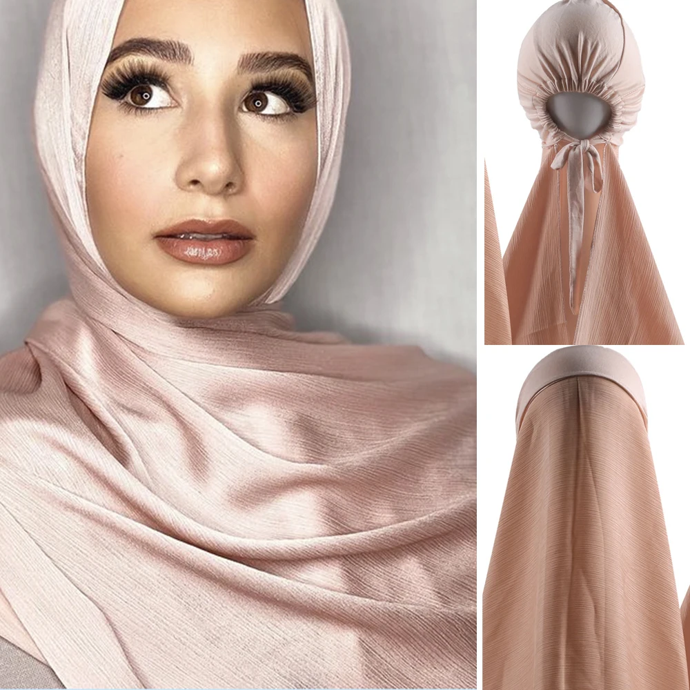 Instant Muslim Women Crinkle Satin Silk Hijab With Bonnet Caps  Hijabs Scarves Satin crinkle Scarf With UnderScarf Inner Caps
