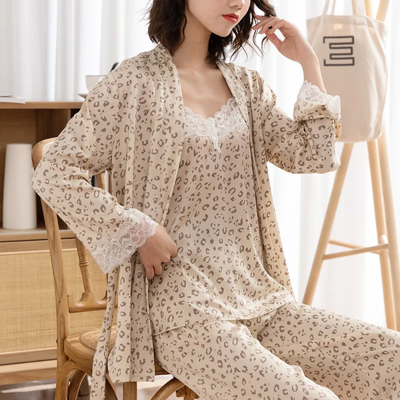 Leopard Print Satin Ice Silk Pajamas For Women In Spring And Summer Thin Suspenders Outerwear Pants Three Piece Home Outfit