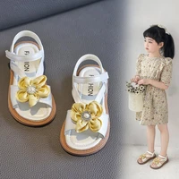 girls flowers with pearls pretty children versatile sandals 2022 kids fashion summer new open toe beige casual shoes non slip