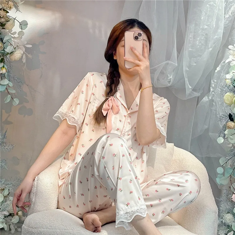 Pajamas Set Women Printed 2pcs Short-sleeved Single-breasted Top Loose Pants Floral Outside Home Clothes Women Sleepwear Pjs