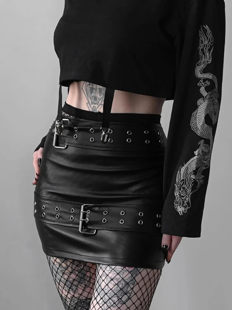 

Exotic Punk Liberal Leather Button Belt Body Skirt Statement Gothic Mini Skirt Chic Mall Street Party Club Women Skirt