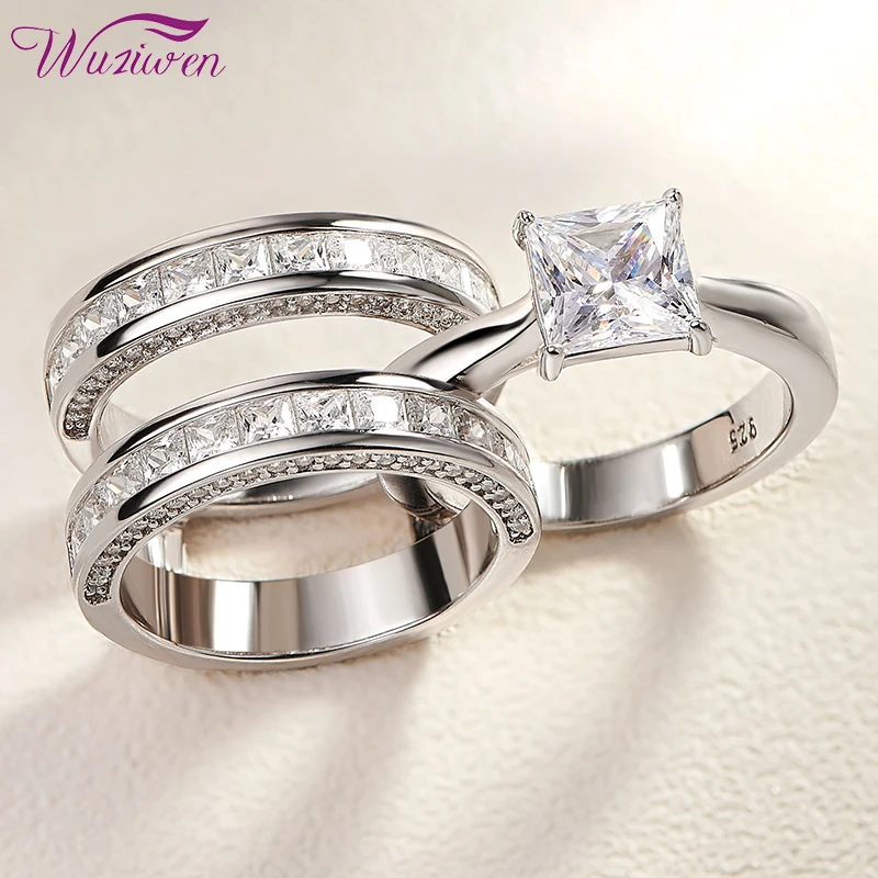 

Wuziwen Luxury Bold Big Wedding Engagement Promise Rings for Women 925 Sterling Silver Princess Cut AAAAA CZ Bridal Set Jewelry