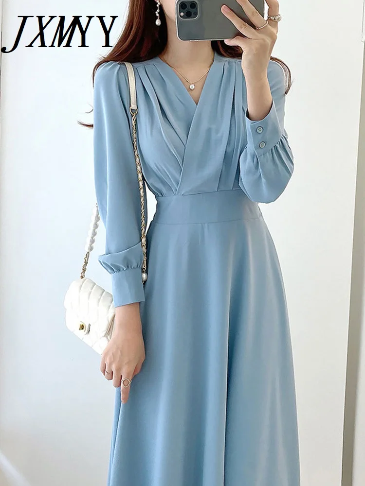 

JXMYY 2022 Women V-neck High Waist Dress Solid Elegant Luxury Long Midi A Line Dress Female Kpop Style Retro Ladies Vestidos