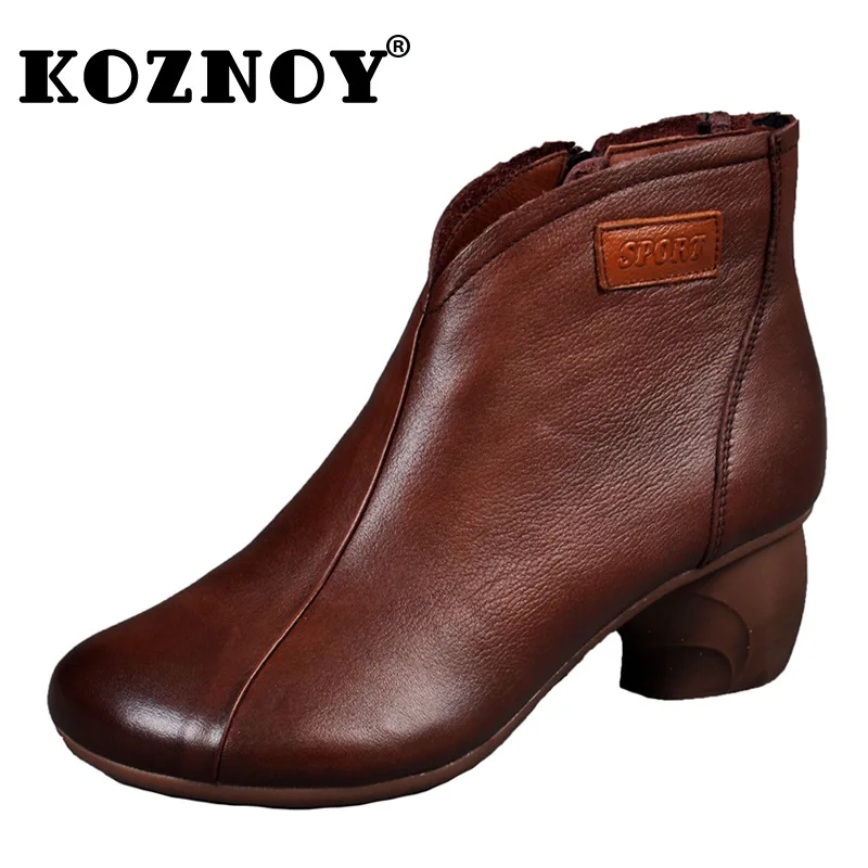 

Koznoy 5cm Retro Sewing Genuine Leather Mid Calf Boots Ethnic Autumn Comfy Women Ladies Concise Round Toe ZIP Chunky Heels Shoes