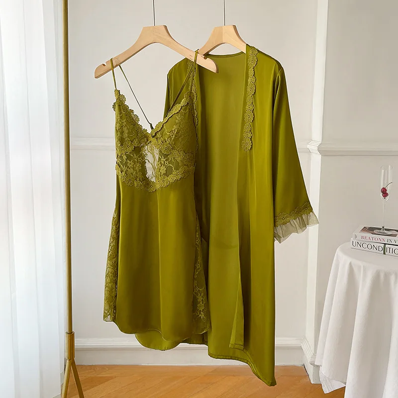 

2 шт., Женская однотонная шелковая ночная сорочка с нагрудным платьем