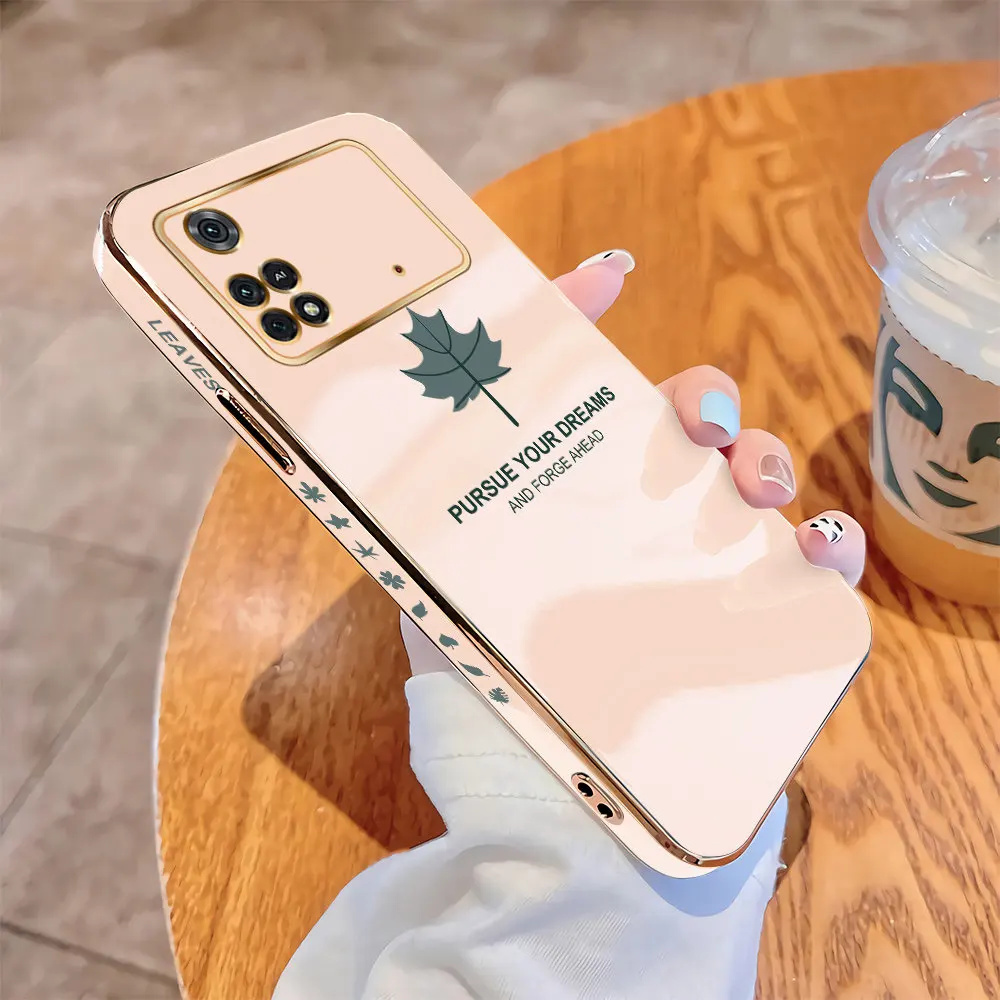 

For Xiaomi Poco M4 Pro 4G 5G Poco M4 5G Luxury Square Case Maple Leaf Plating Cover Shockproof Soft TPU Cases