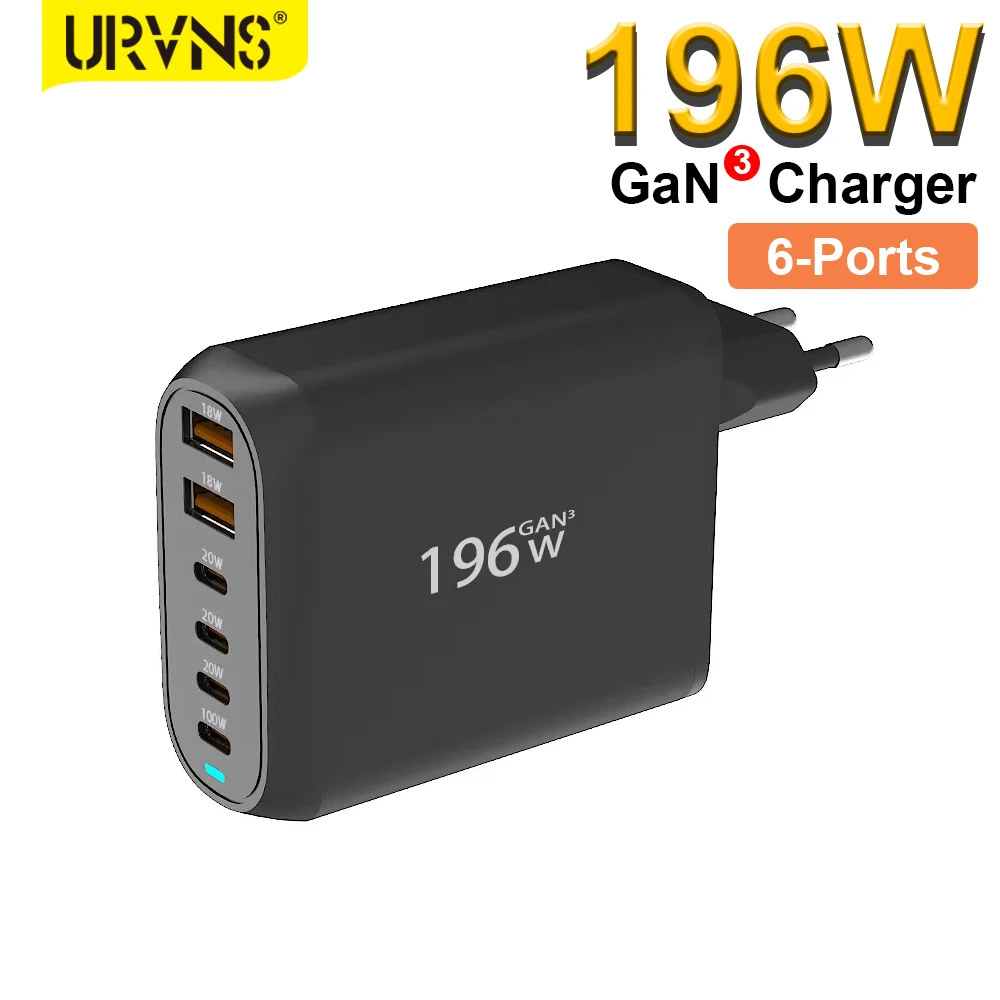 URVNS 196W USB C GaN Супербыстрое Зарядное Устройство 6-портовая Зарядная Станция PD 100W PPS