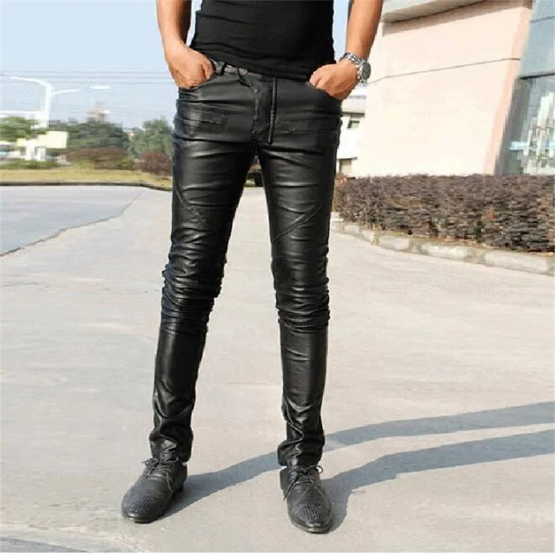 Black motorcycle faux leather pants men feet trousers personalized pu pants for men pantalon homme korean singer dance fashion