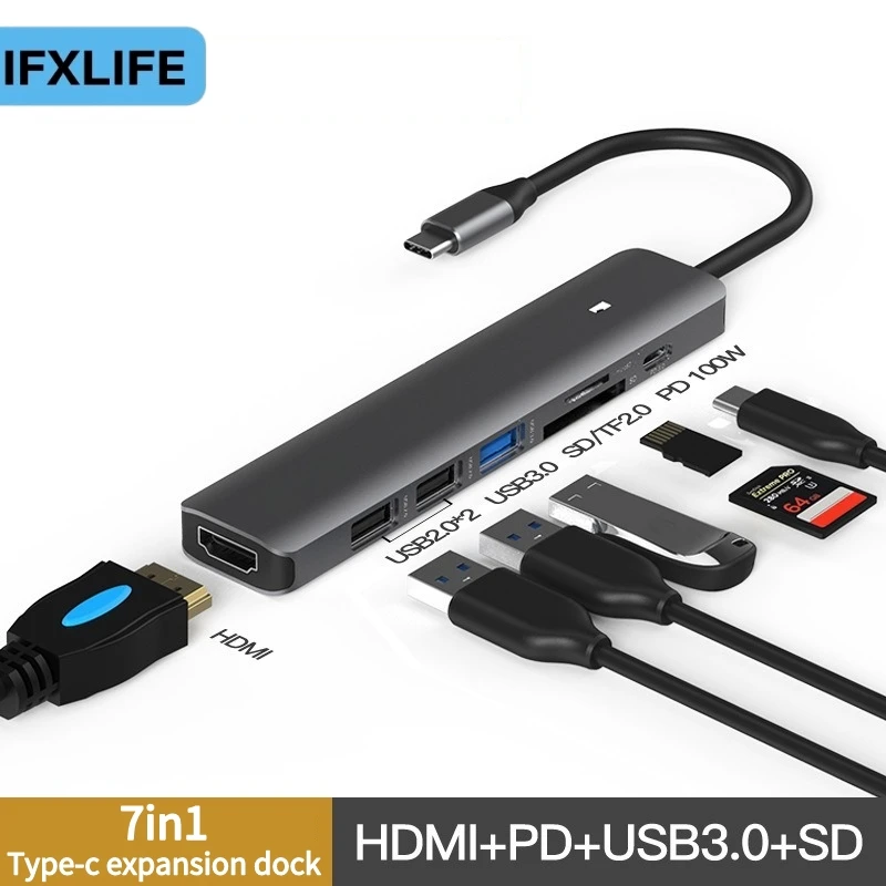 

IFXLIFE Type-c Docking Station HDMI 4K HD Usb-c 7-in-1 Hub Laptop Converter