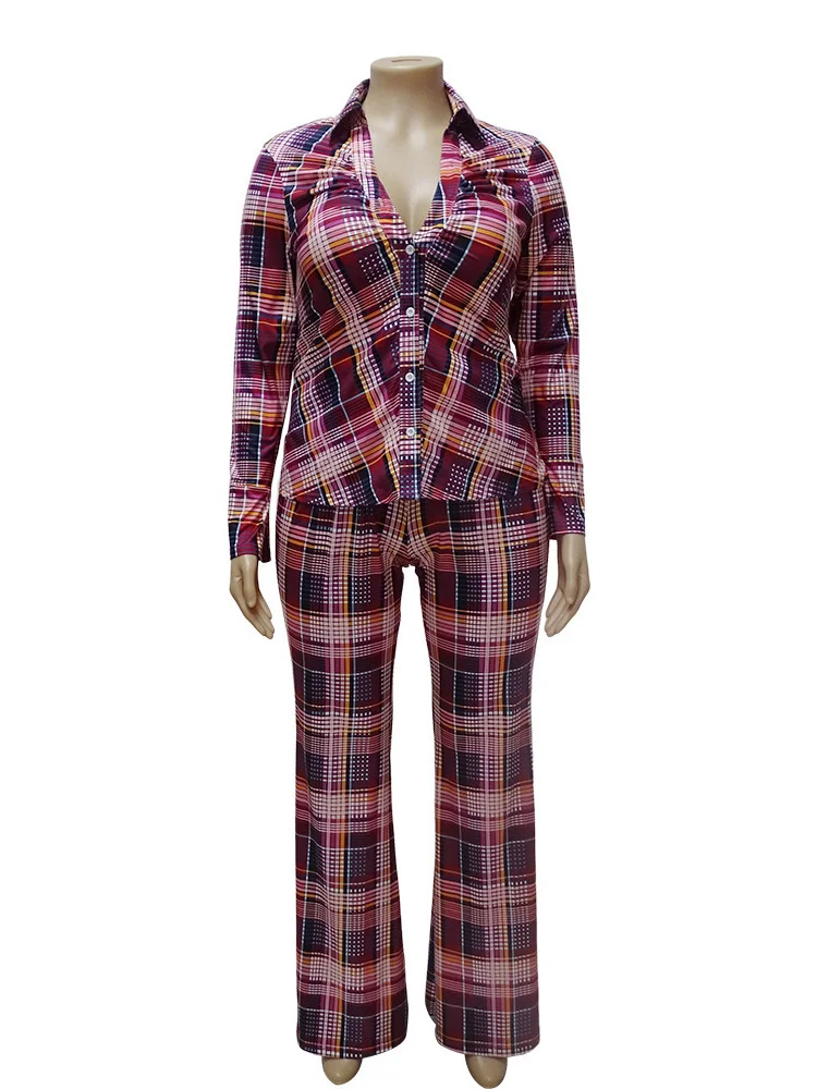 Plus Size Two Piece Set Women Plaid Shirts Tops Pants Bodycon Stretch Fall Fashion Matching Suit Whole 3xl 4xl 5xl 6xl