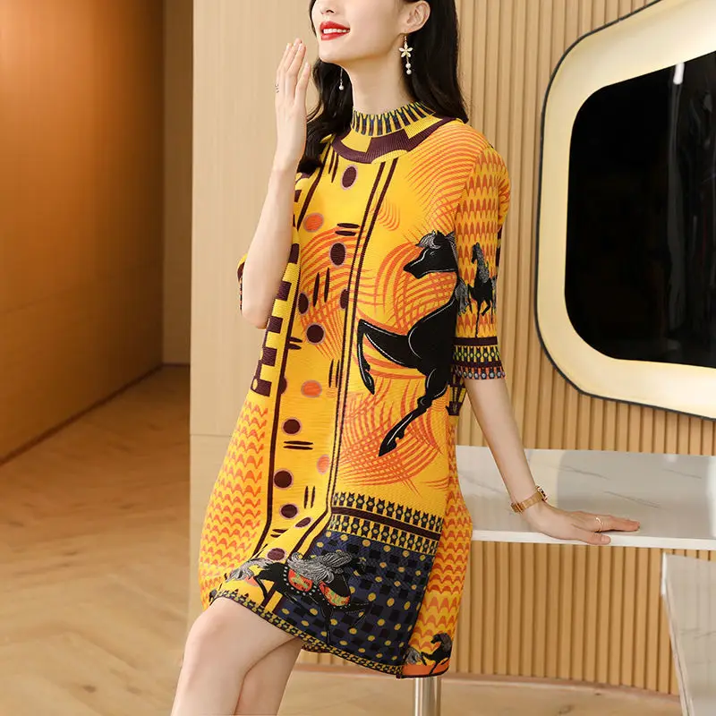 

National wind print fold dress female 2022 spring noble elegant temperament retro and chic loose skirt o neck short sleeve dress