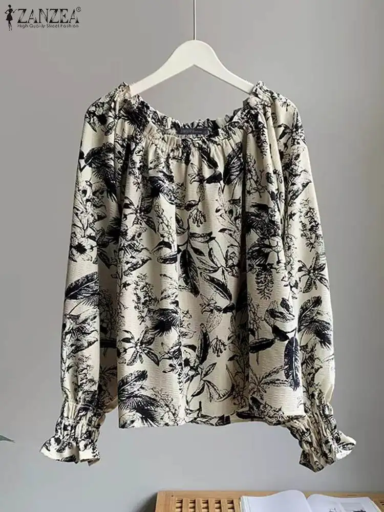 

ZANZEA Women Off the Shoulder Tops Bohemian Floral Printed Long Sleeve Blouse Spring Summer Blouse 2023 Ruffle Pullover Oversize