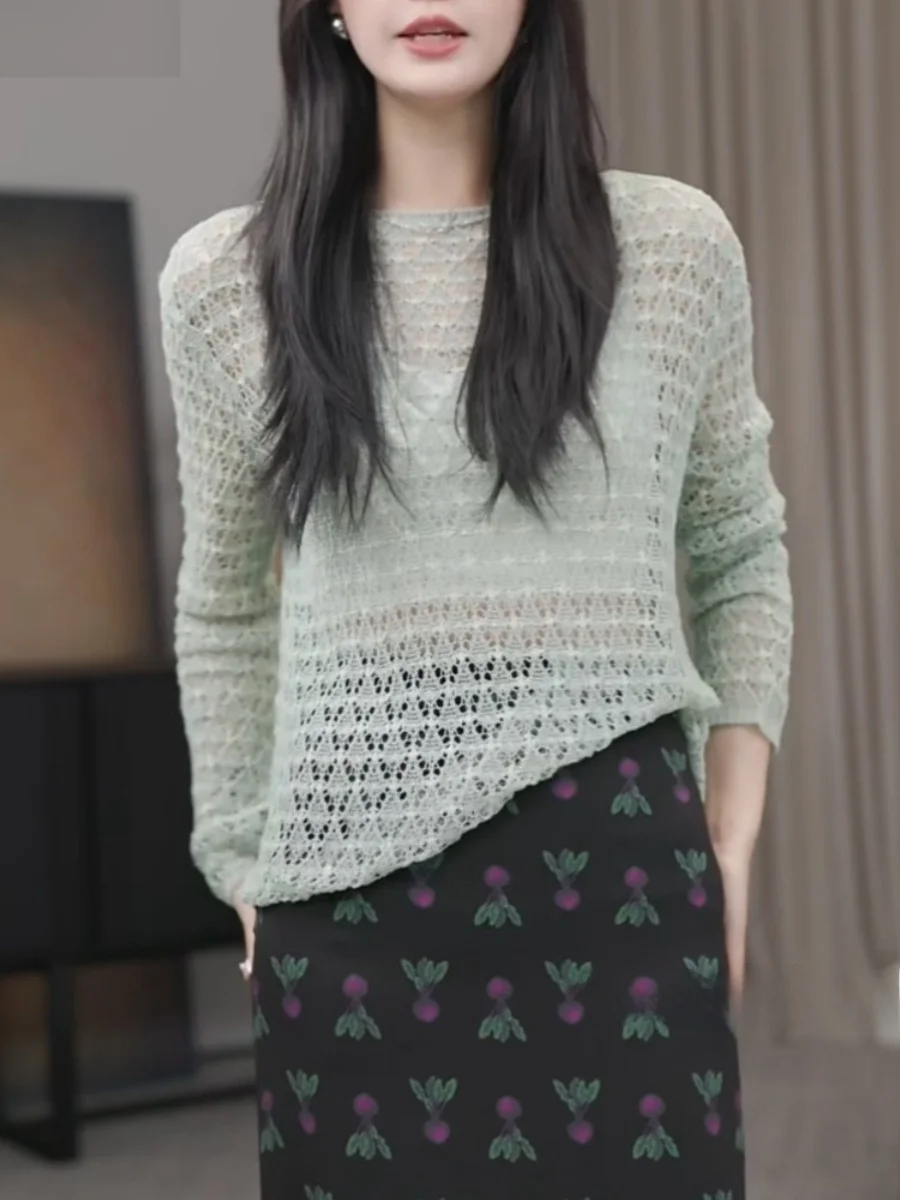 Женская зеленая вязаная рубашка 2024 летняя повседневная модная элегантная с