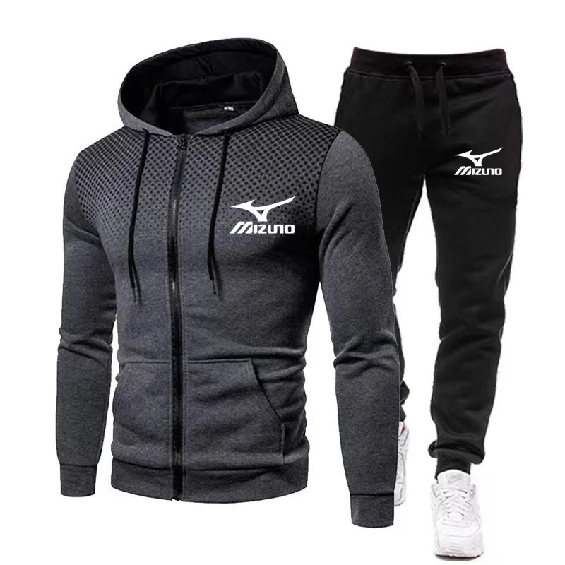 New Mizuno High Quality Printing Men's Sports Fitness Wear Thin Section Breathable Hoodie + Sports Pants Breathable