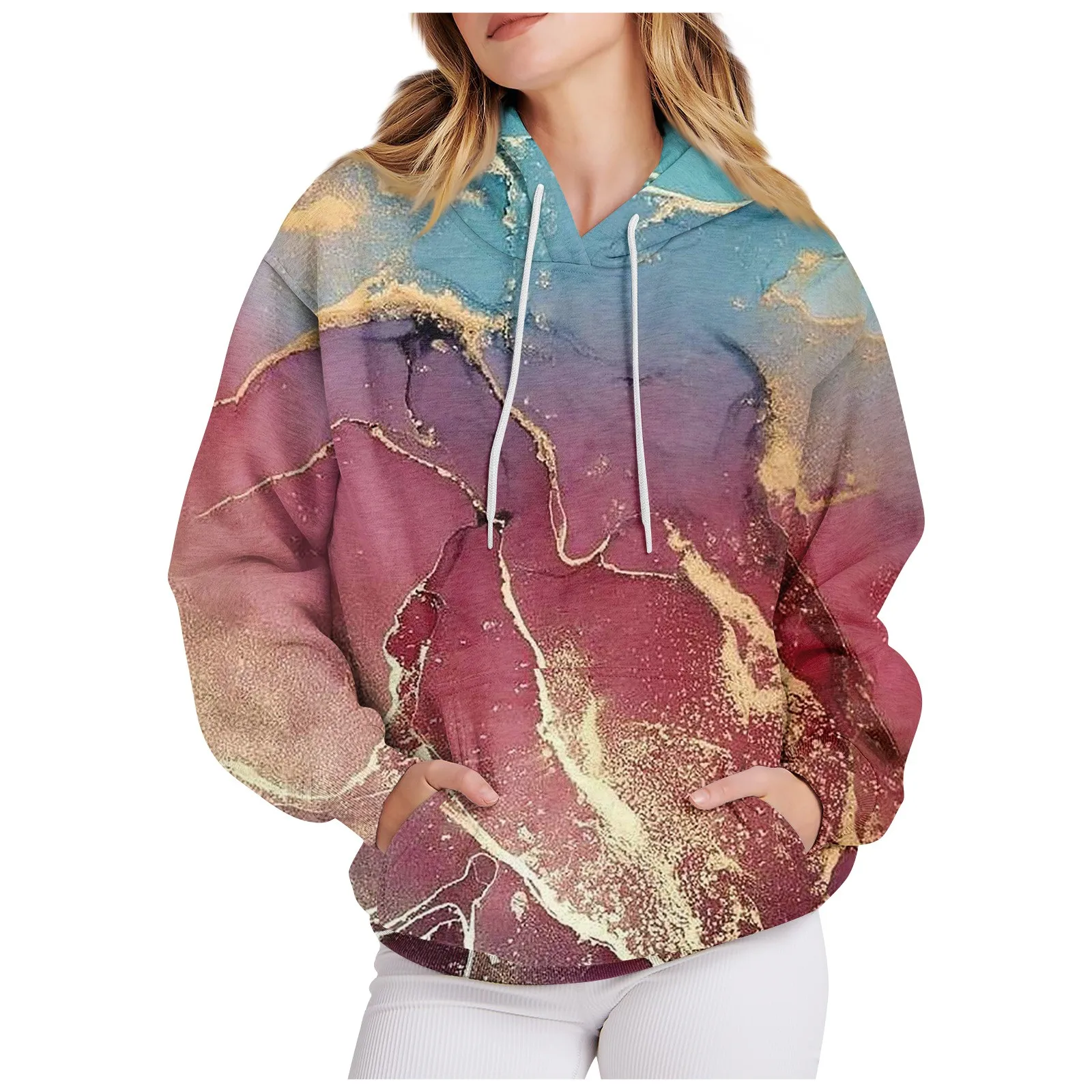 

Женская Повседневная Толстовка с длинным рукавом и Текстурным принтом, свободная толстовка с капюшоном и кулиской, худи Y2k, Женская толстовка, пуловер в уличном стиле