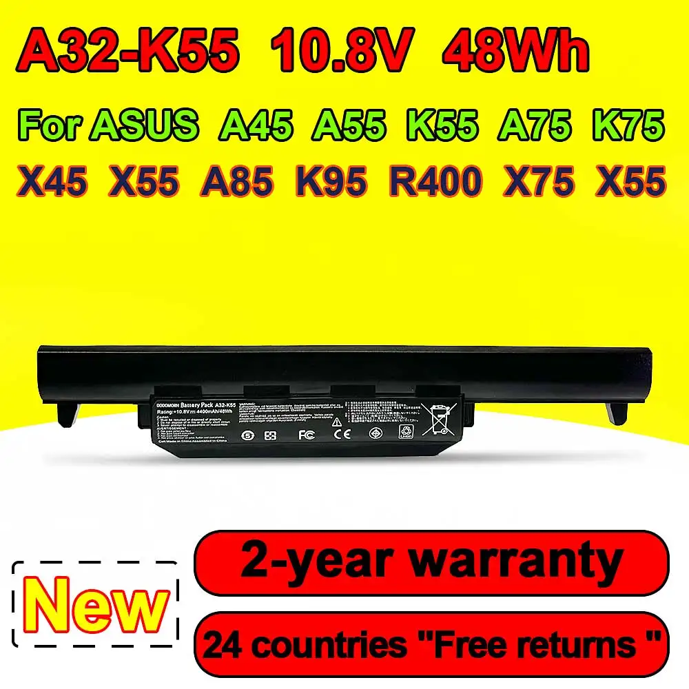 

New Laptop Battery For ASUS A45 A55 K55 K75 X45 X55 A85 K75 K95 X55 X75 R400 R500 Series A32-K55 A33-K55 A41-K55 10.8V 4400mAh