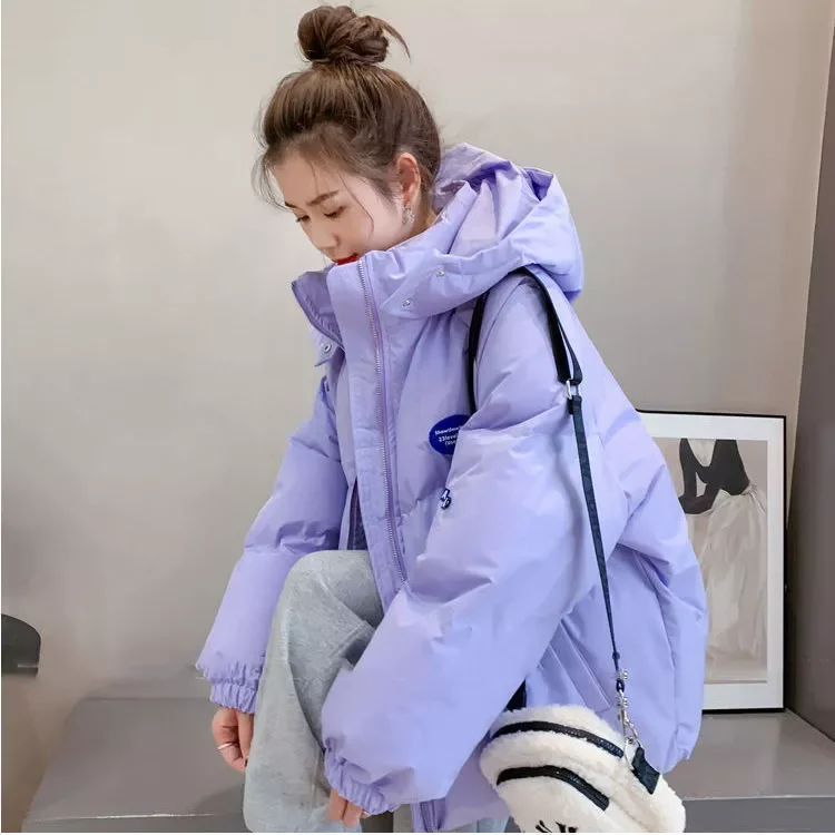 

New2022 Fashion Parkas Purple Hooded Jacket Women's Winter 2021 Loose Cotton padded Student Coat Thicken Warm Outerwear Fema