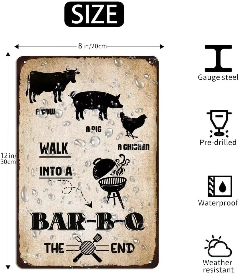 Винтажная корова свинка курица пройдет в барбекю конец металлический жестяной