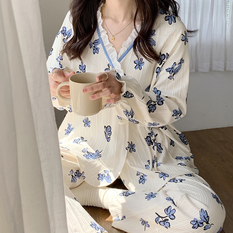 6535 Cotton Maternity Nursing Sleepwear Sets Floral Cardigan Pajamas Suit Clothes for Pregnant Women Autumn Pregnancy Home Wear