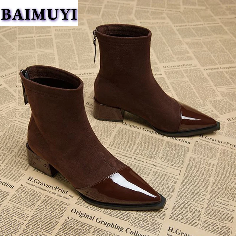 Женские ботильоны на среднем каблуке с острым носком привлекательная обувь 2025