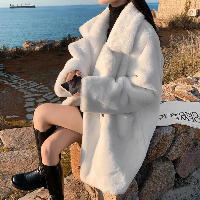 white Women Winter Warm Faux Fur Coats Jackets Elegant Black White Female Pockets Coats Casual Street Lady Thick Outwears