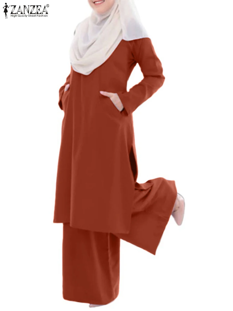 Women Long Sleeved O-Neck Ruffles Abaya Kaftan Blouse ZANZEA Spring Solid Muslim Suit Elegant Elastic Pockets Wide Leg Pant
