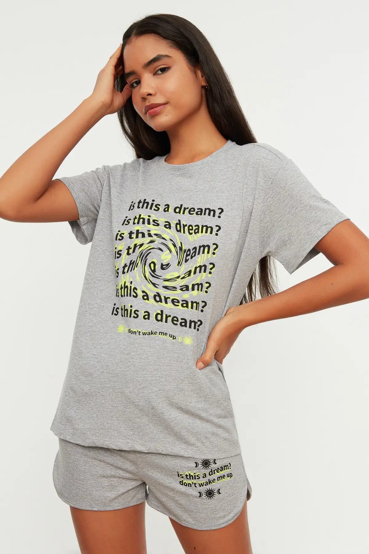 

Women's Pajamas Gray Slogan Printed Knitted Sleep Lounge Pajamas Nightwear Nightwear Nightwear Nightwear Casual Home Clothing