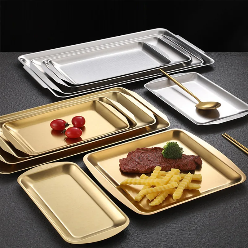Thick Stainless Steel Gold Serving Plate Restaurant Fish BBQ Skewers Seafood Sushi Plate Rectangular Large Flat Storage Tray